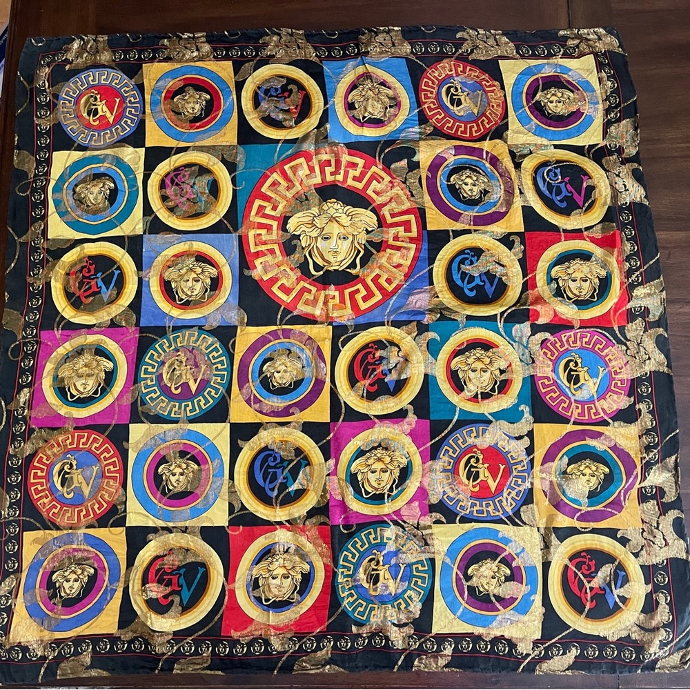 Versace Gold and Black Medusa Pattern Scarf